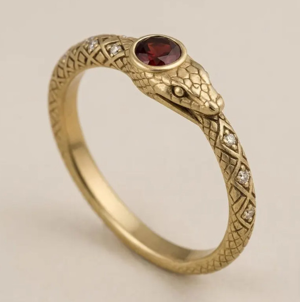 Vintage Gold Serpent Ring: Garnet & Moissanite Halloween Jewelry, 18k Gold Snack