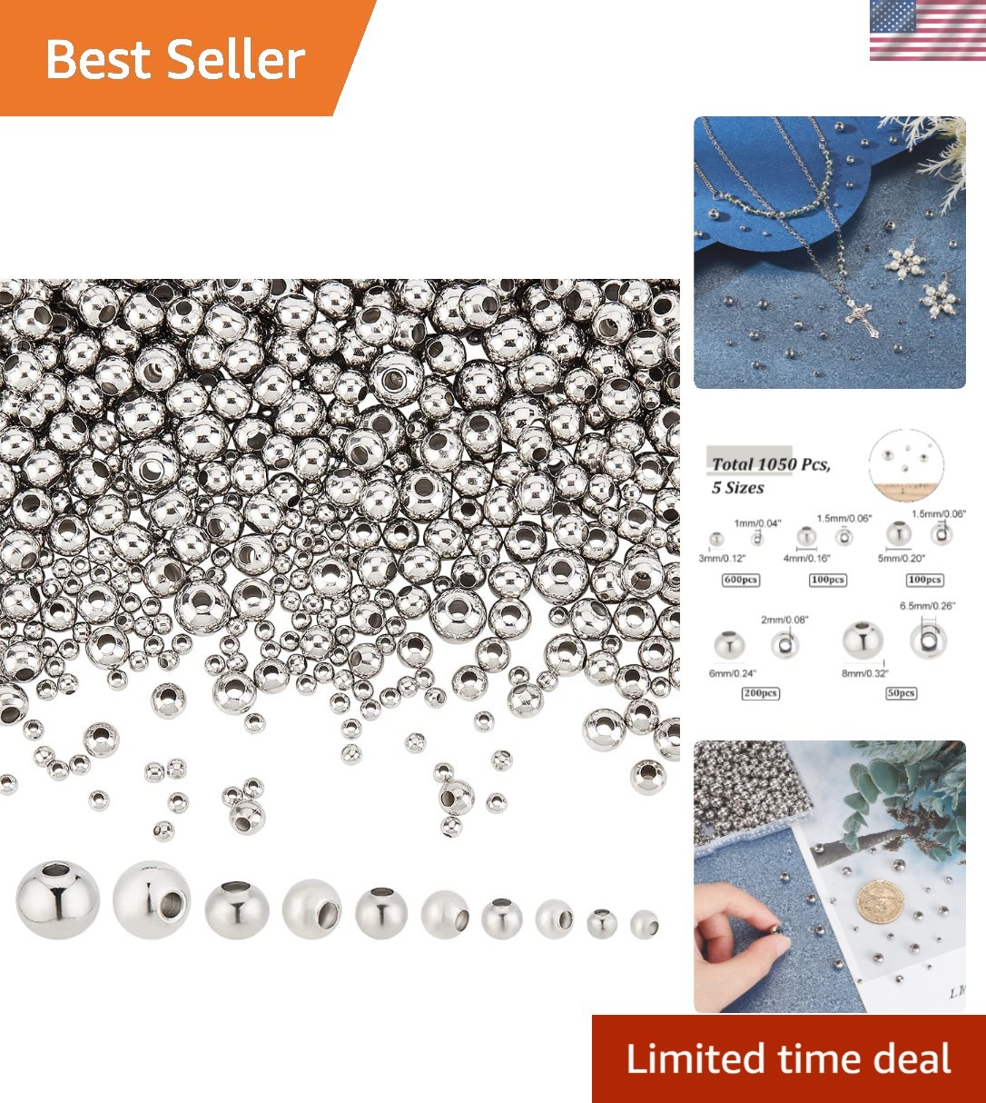 1050 Pcs Stainless Steel Spacer Beads, 5 Sizes , Silver, Round, Beads