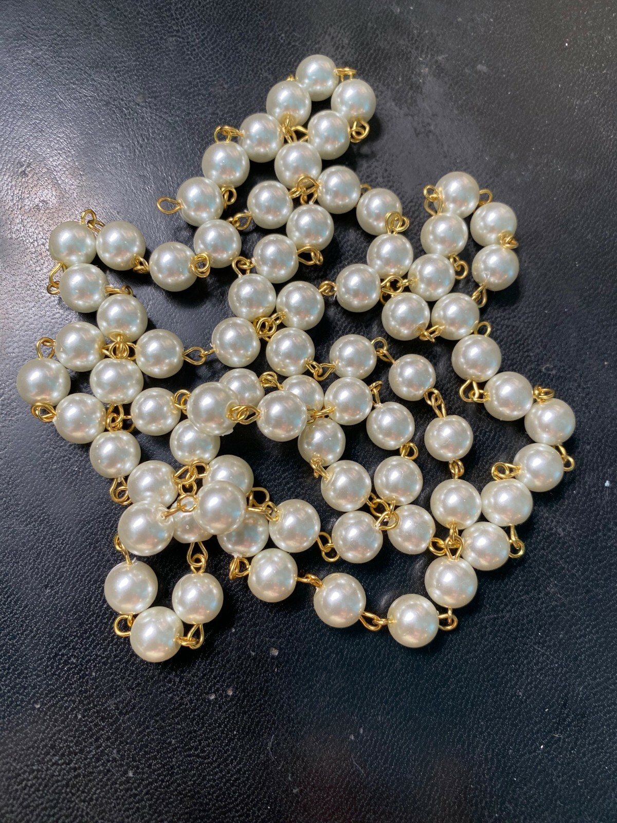 NEW: 1 meter Cream Pearl Glass Rosary Chain Brass link, 8mm round bead garland