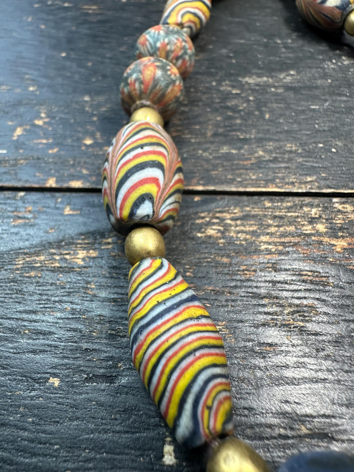 African Krobo Glass Bead Necklace 25” – Striped Powder Glass Beads & Millefiori
