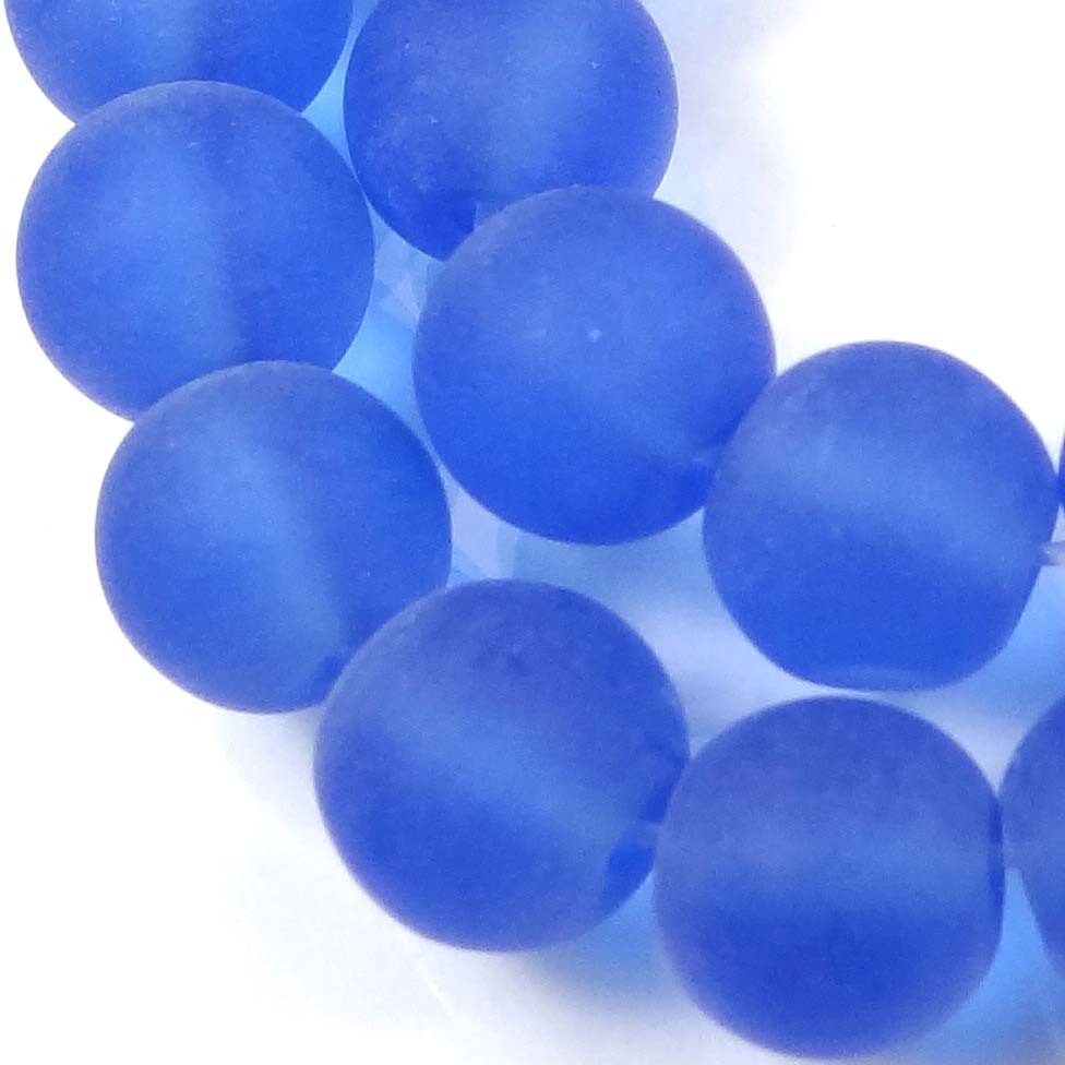 25 Frosted Sea Glass Round Beads Matte – Sapphire Blue 8mm