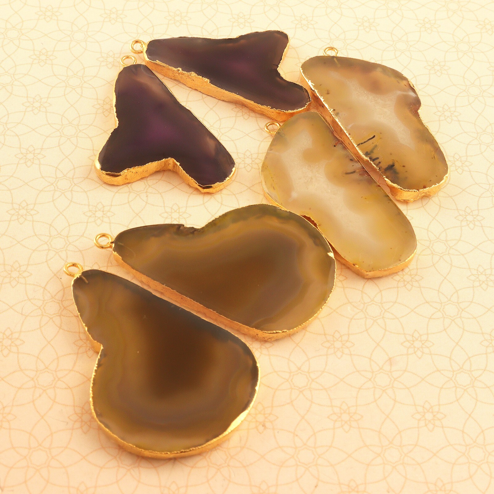 3 Pairs Lot Agate Slice Gold Electroplated DIY Connectors Making Jewelry For Her
