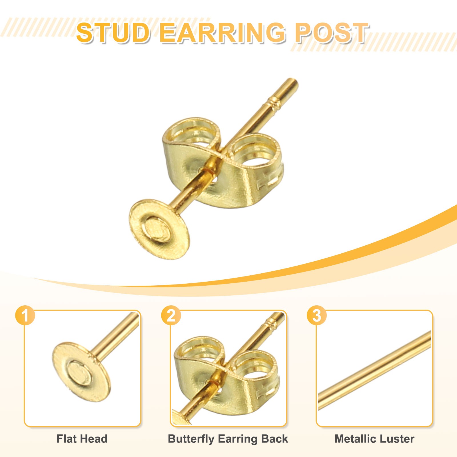 20Pcs Stud Earring Posts 3mm Ear Pin with Butterfly Earring Backs Gold