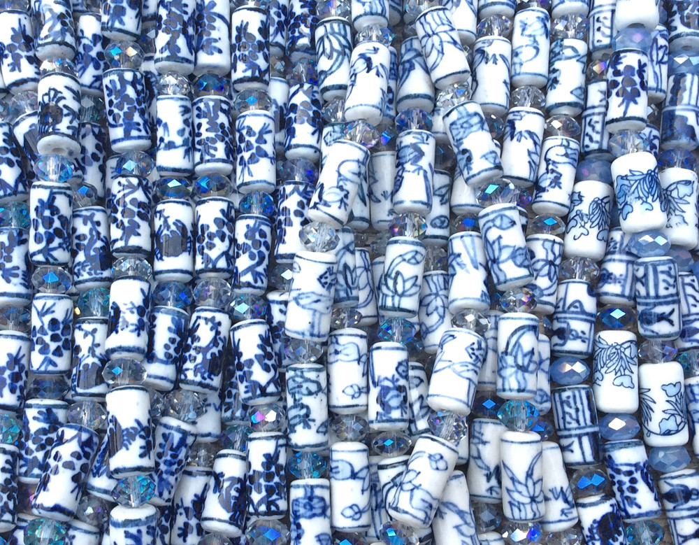 Blue White China Mixed Motifs 16mm 17mm Tube Cylinder Ceramic Beads Q2 Strands