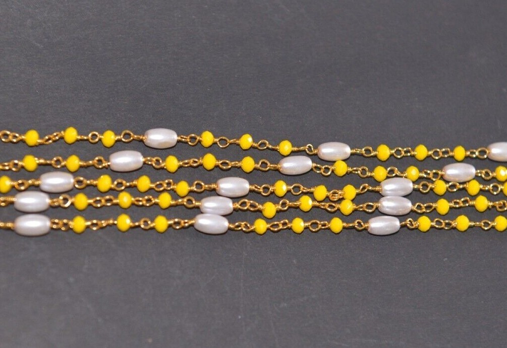 Beaded jewelry making bulk roll chain, 3mm yellow & rice pearl bead rosary chain