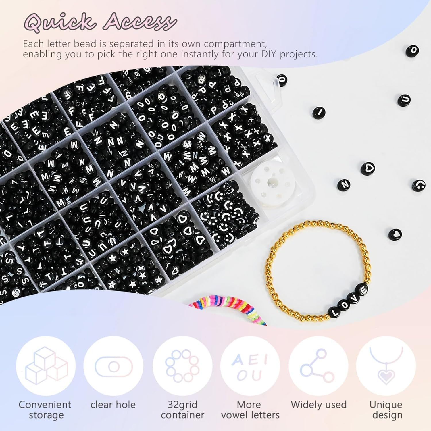 1600 Alphabet Beads Black White Letter Beads Kit With Organizer Box 4X7 MM Round