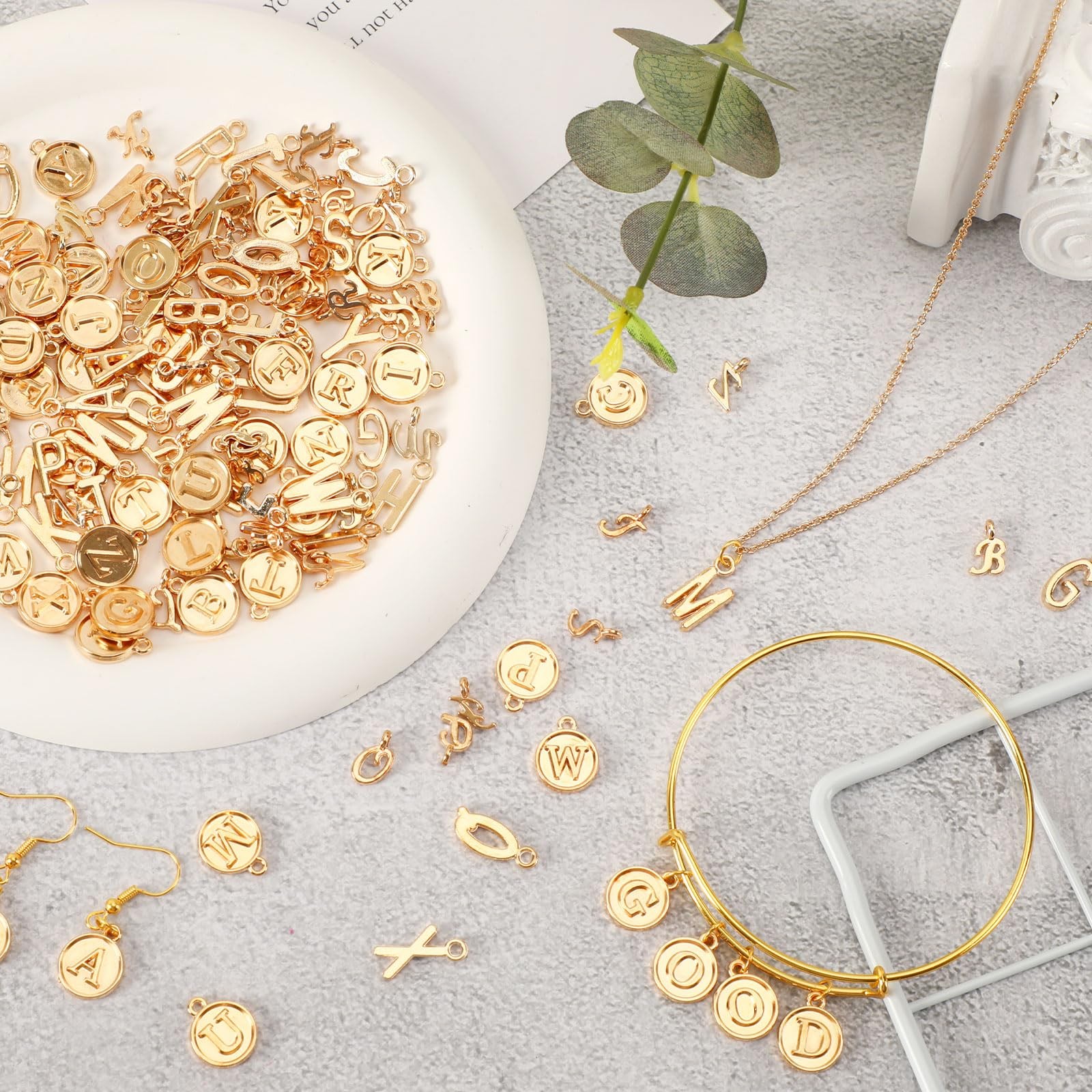 156PC Gold A-Z Alphabet Charms (3 Styles, 6 Sets) & Jump Rings DIY Jewelry Craft