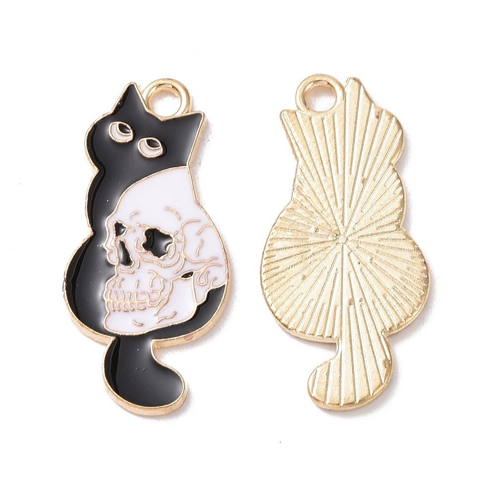 Black Cat Skull Charm Enamel Pendant Halloween Jewelry Supplies 28mm
