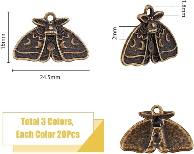Moth Charms Moon Phase Antiqued Silver Bronze Black Gothic Flash Bulk 3pcs