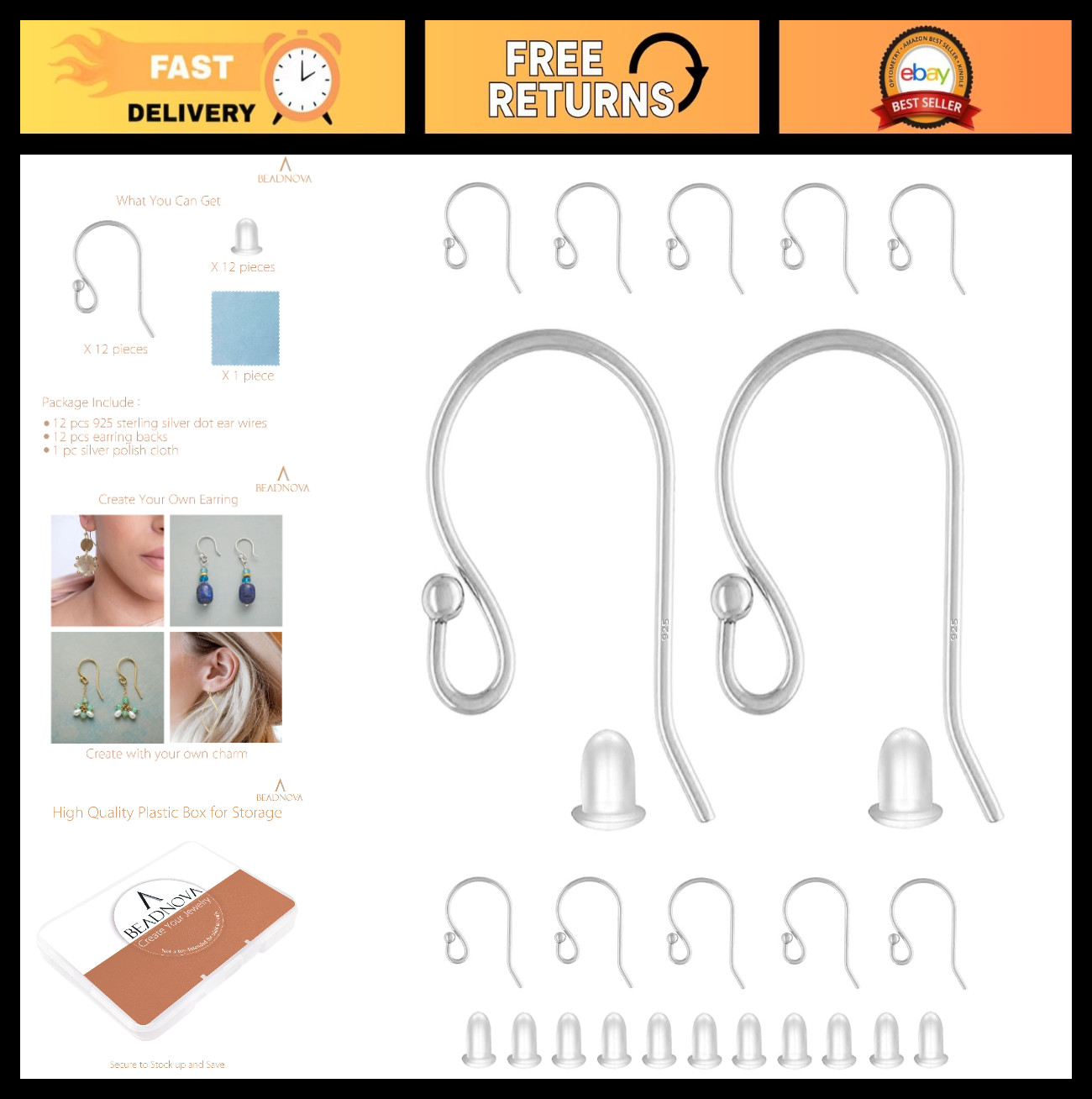 925 Sterling Silver Earring Hooks with Rubber Backs – 24pcs Jewelry Making Suppl