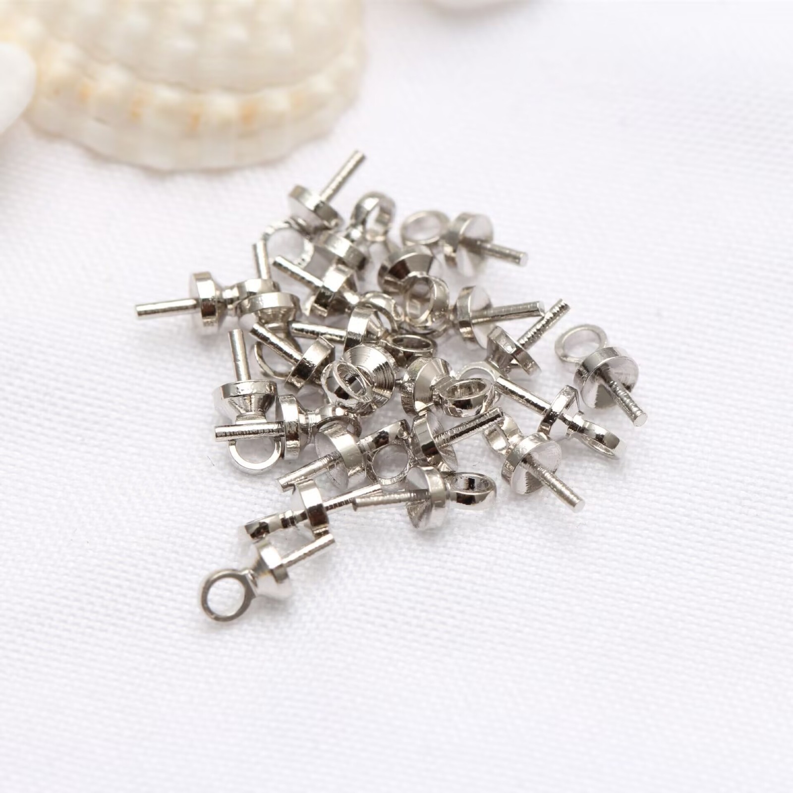 100 Silver Tone Eye Pin Pendant Connector Bail For Half-Drilled Pearl with 3mm