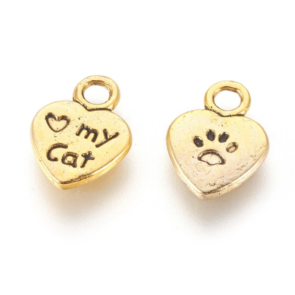 10 Paw Print Charms Word Pendants Heart Tags I LOVE MY CAT Pet Lover