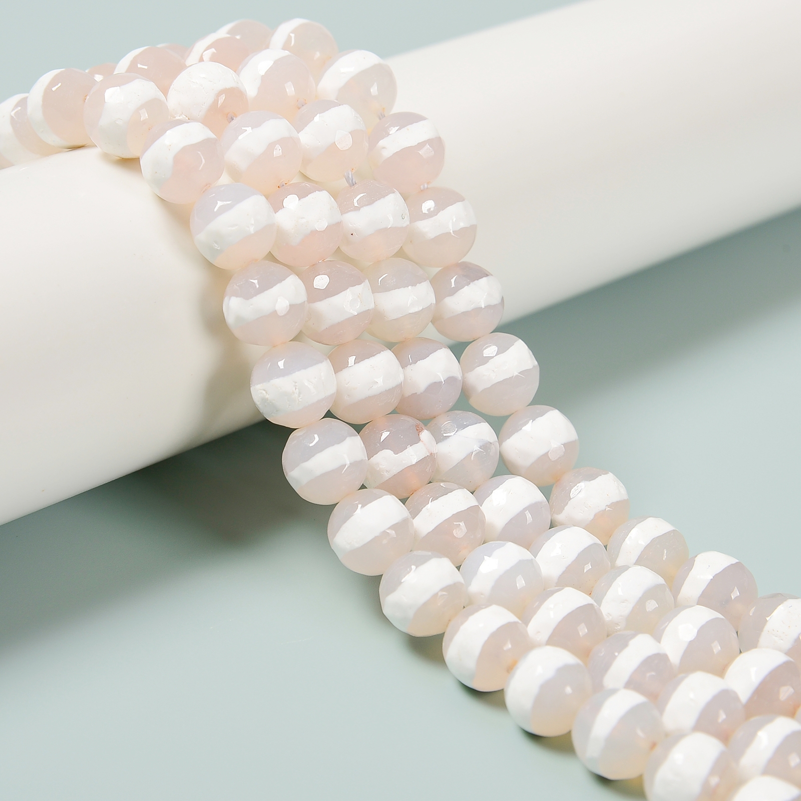 White Stripe Tibetan Agate Faceted Round Beads 8mm 10mm 12mm 15.5″ Strand