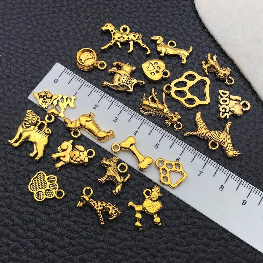 10 Dog Charms Puppy Pendants Assorted Charms Lot Paw Print Antiqued Gold Mix