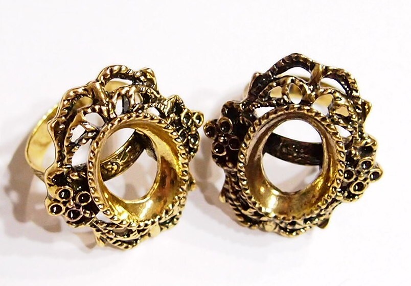 6 of 18x13mm Antique Gold Victorian Deco Lacy Flowers Adjustable Ring Settings