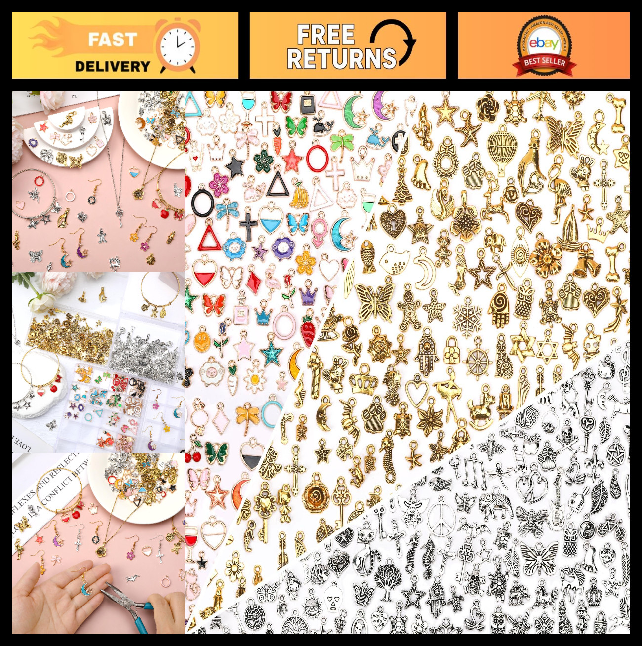 350Pcs Assorted Gold Enamel Charms, Antique Gold Tibetan Silver Pendants for Jew
