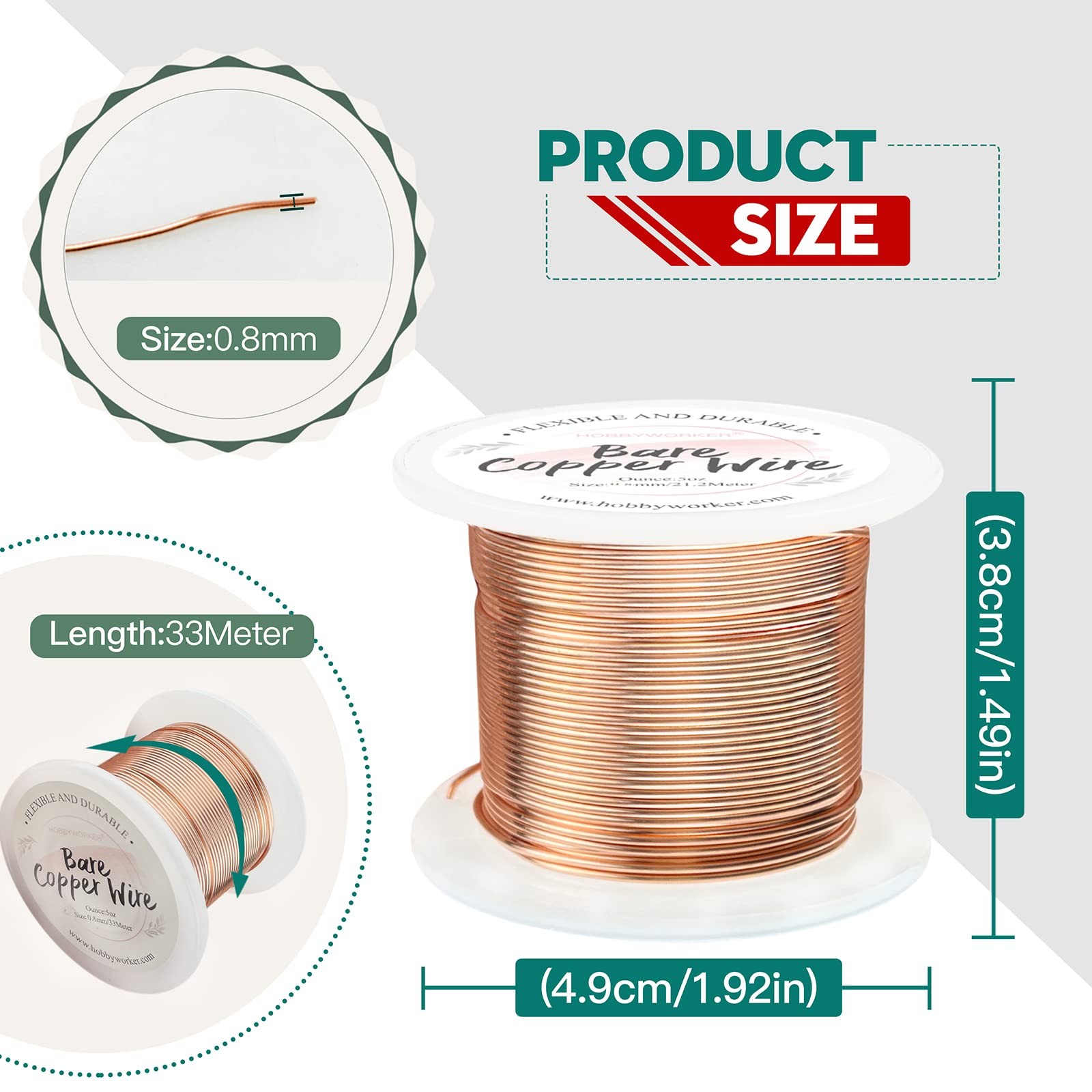 Hobbyworker 20 GA 108FT Bare Copper Wire 0.8mm for Jewelry Making Craft Beading