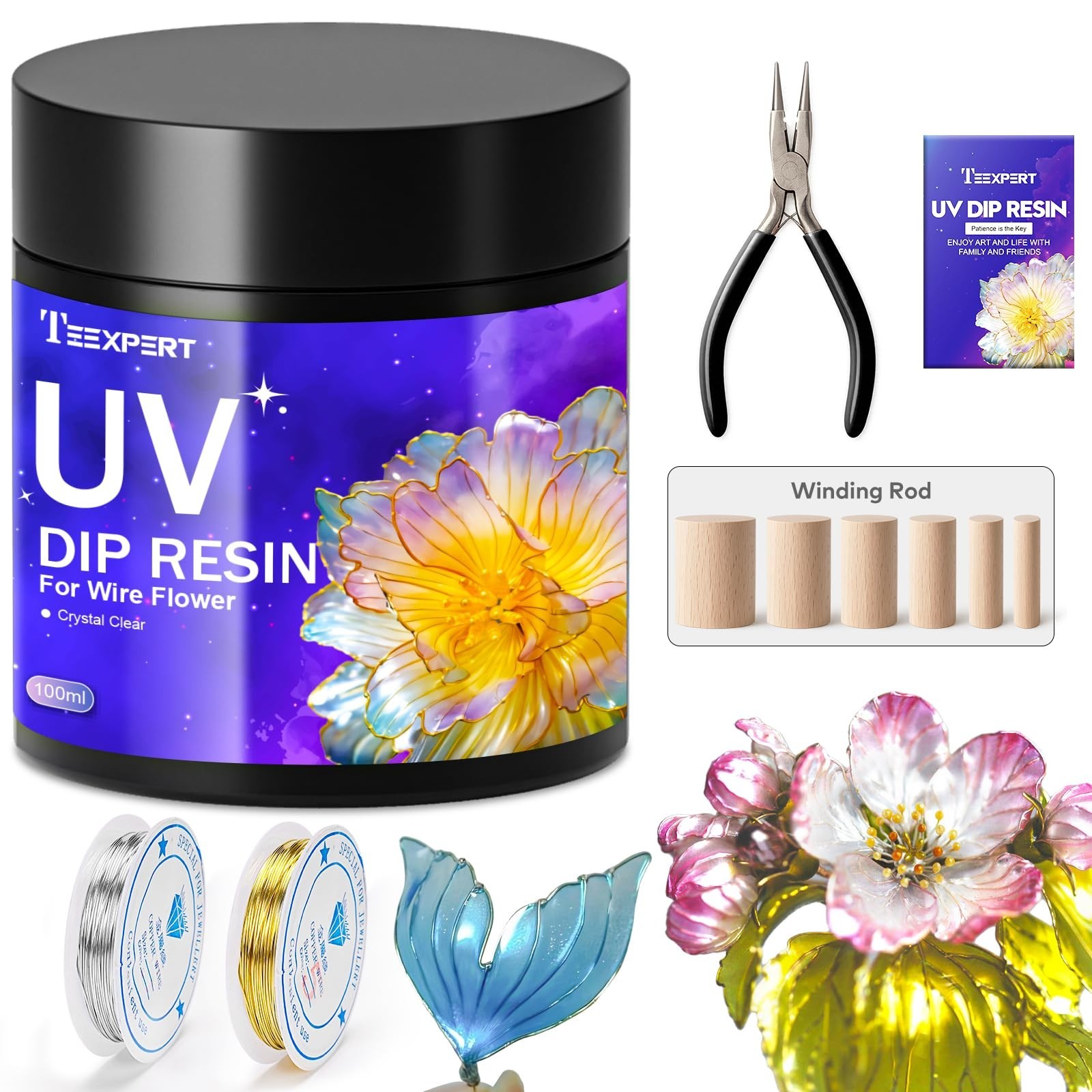 Teexpert UV Dip Resin for Wire Flowers Kit, 100g Crystal Clear UV Resin Start…