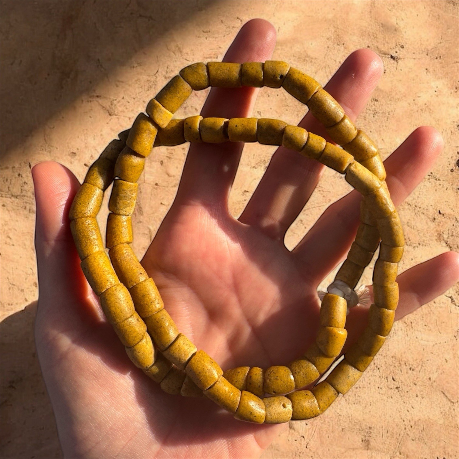 Vintage African Powdered Glass Trade Bead Strand Mustard Yellow – 70 Beads