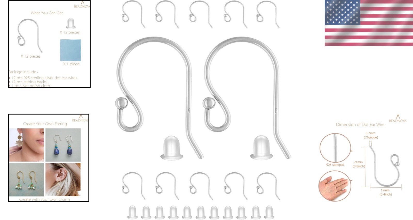 Earring Hooks Silver Sterling Silver Ear Wire for Jewelry Making 24pcs