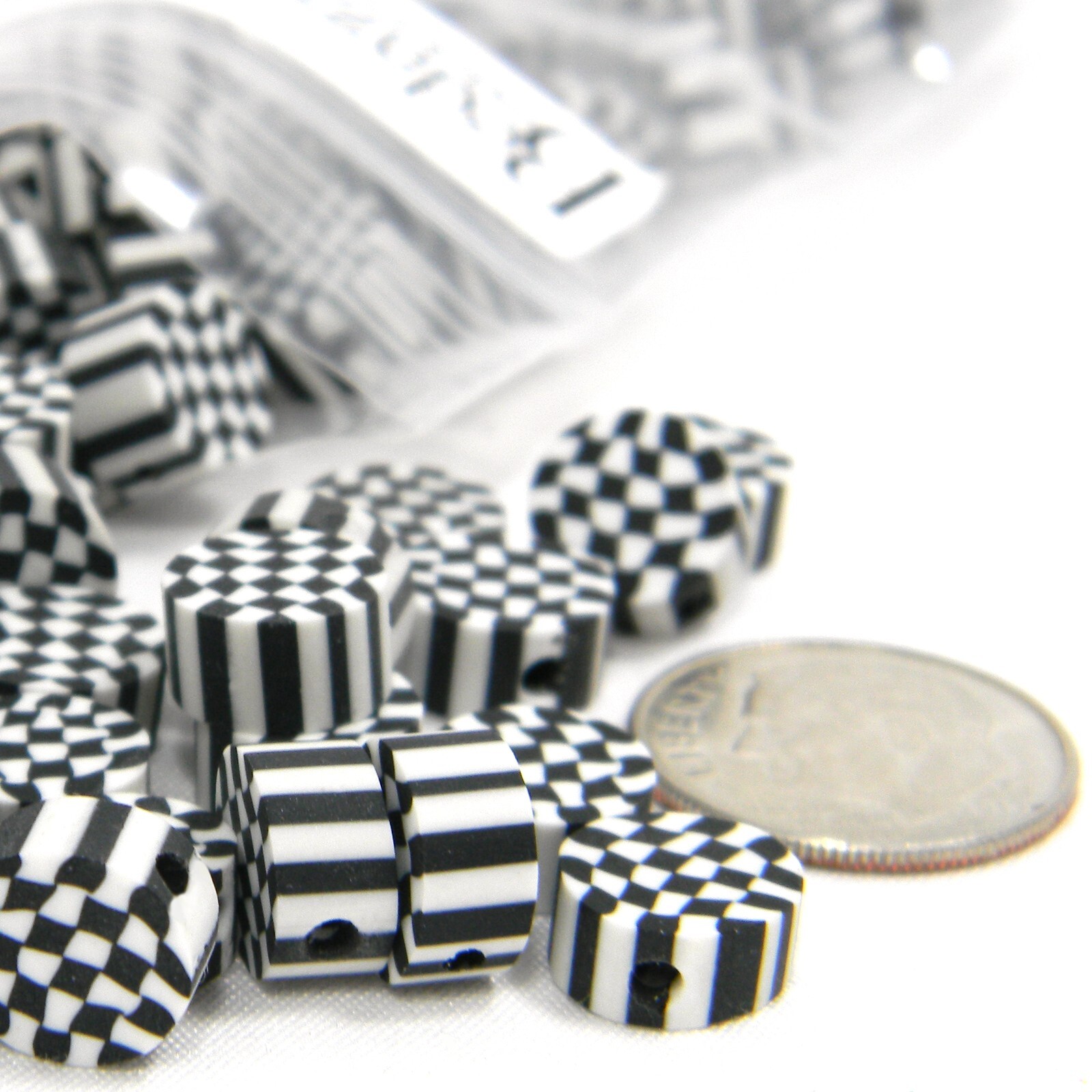 50 Black & White 8mm Round Checkered Flag Coin Beads w/ Gingham Buffalo Pattern