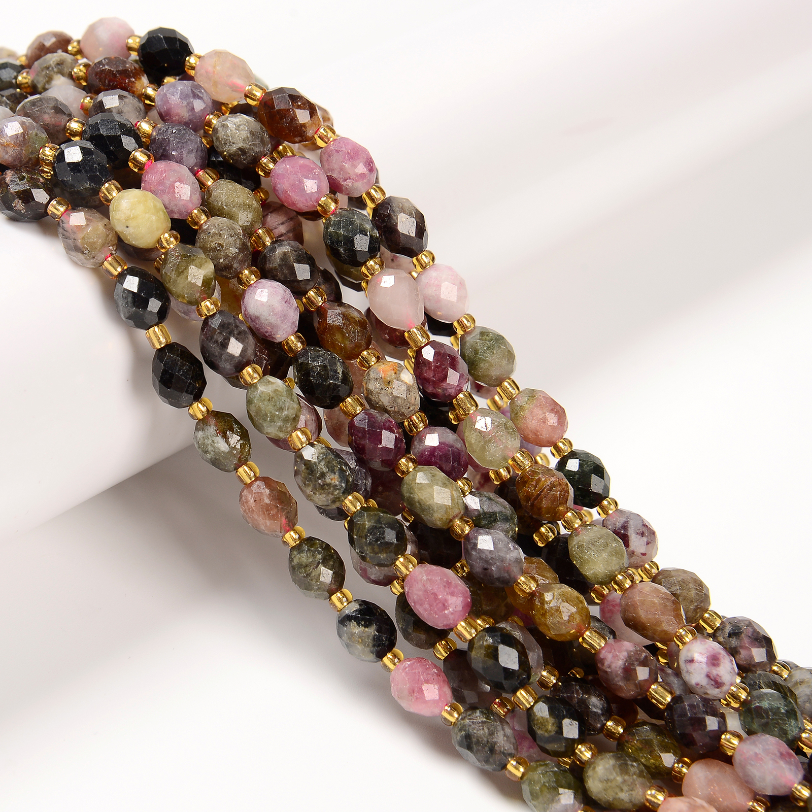 Natural Multi-color Tourmaline Faceted Rice Shape Beads Size 6x8mm 15.5” Strand