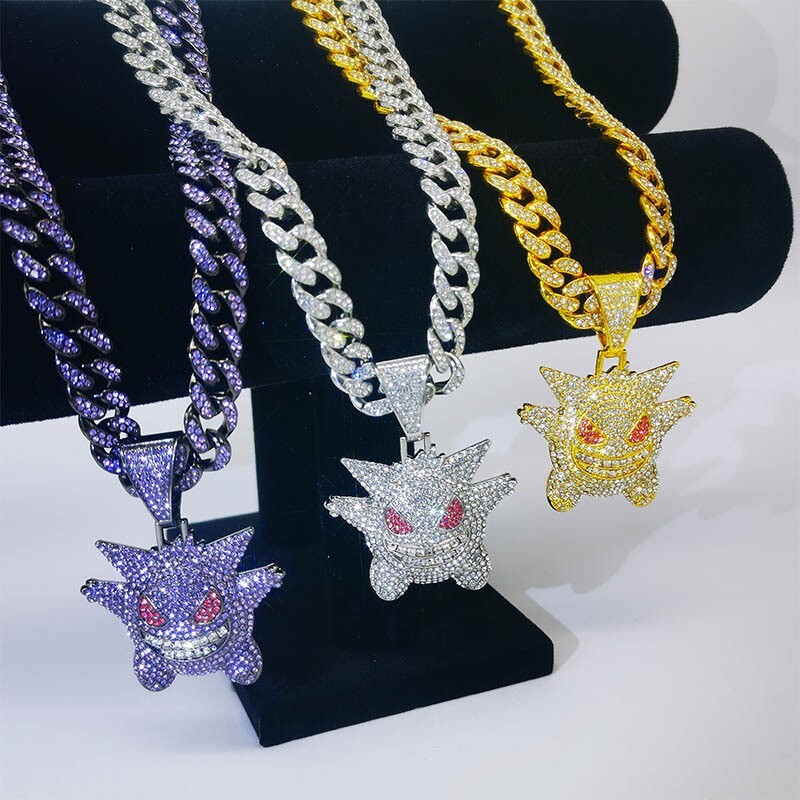 Hip Hop Iced Out Gengar Pendant Necklace with Diamond Cuban Chain Jewerly