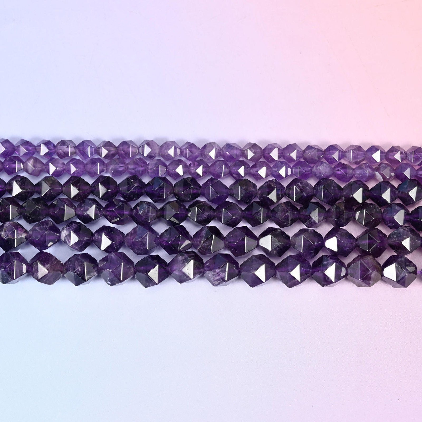 Purple Amethyst Diamond Star Cut Beads 6mm 8mm 10mm 15.5 Inch Strand