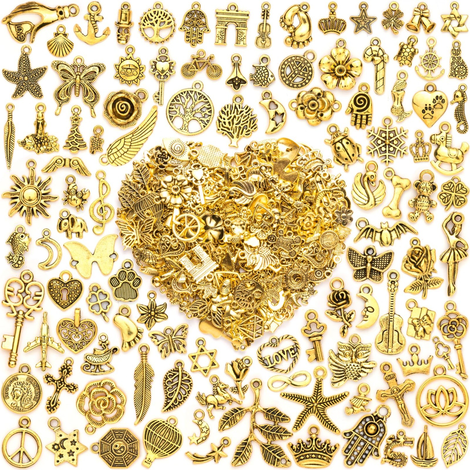 460 Pcs Assorted Jewelry Making Charms – Antique Gold Metal Pendants for Bracele
