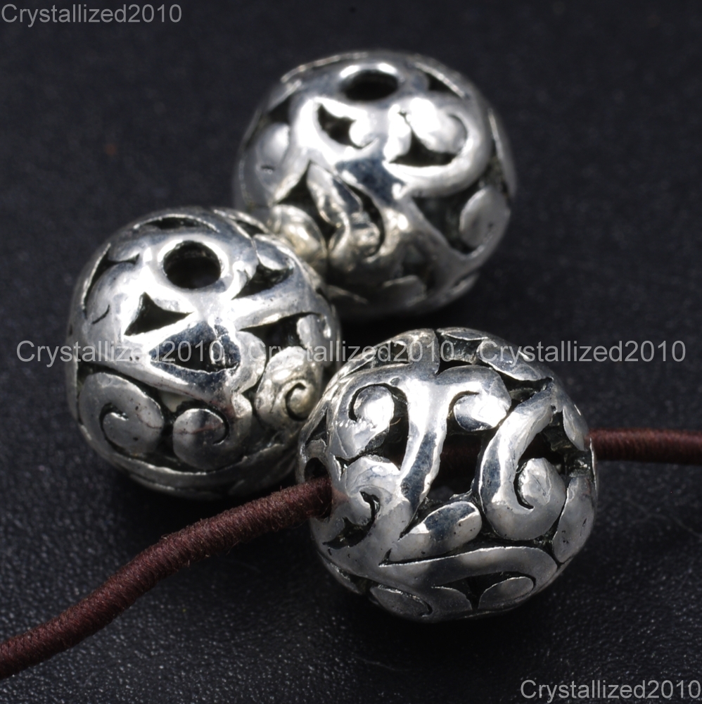 Tibetan Silver Carved Patterned Hollow Connector Round Spacer Charm Beads 8-12mm
