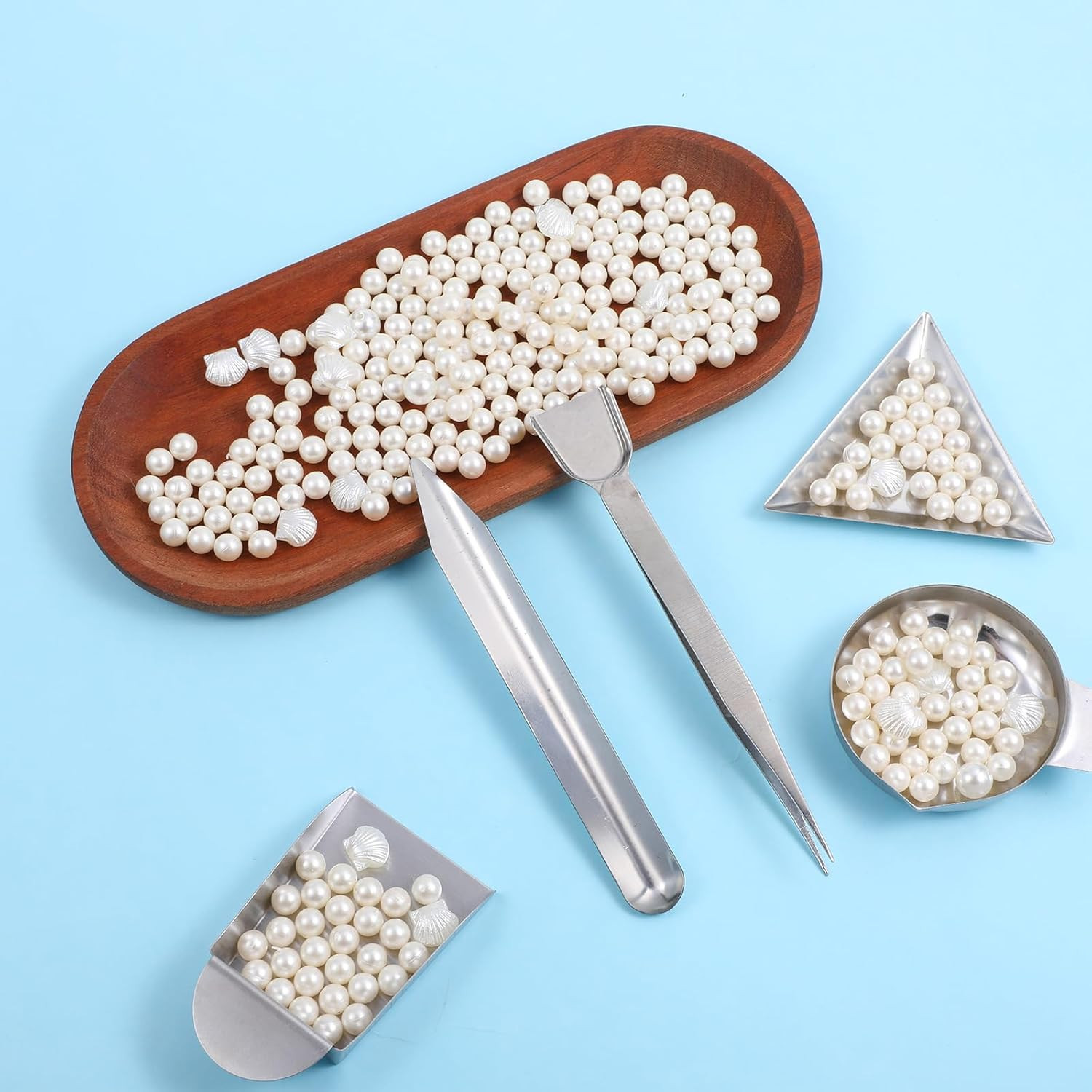 5-Piece Jewelry Bead Scoop Set with Stainless Steel Tweezers and Sorting Trays