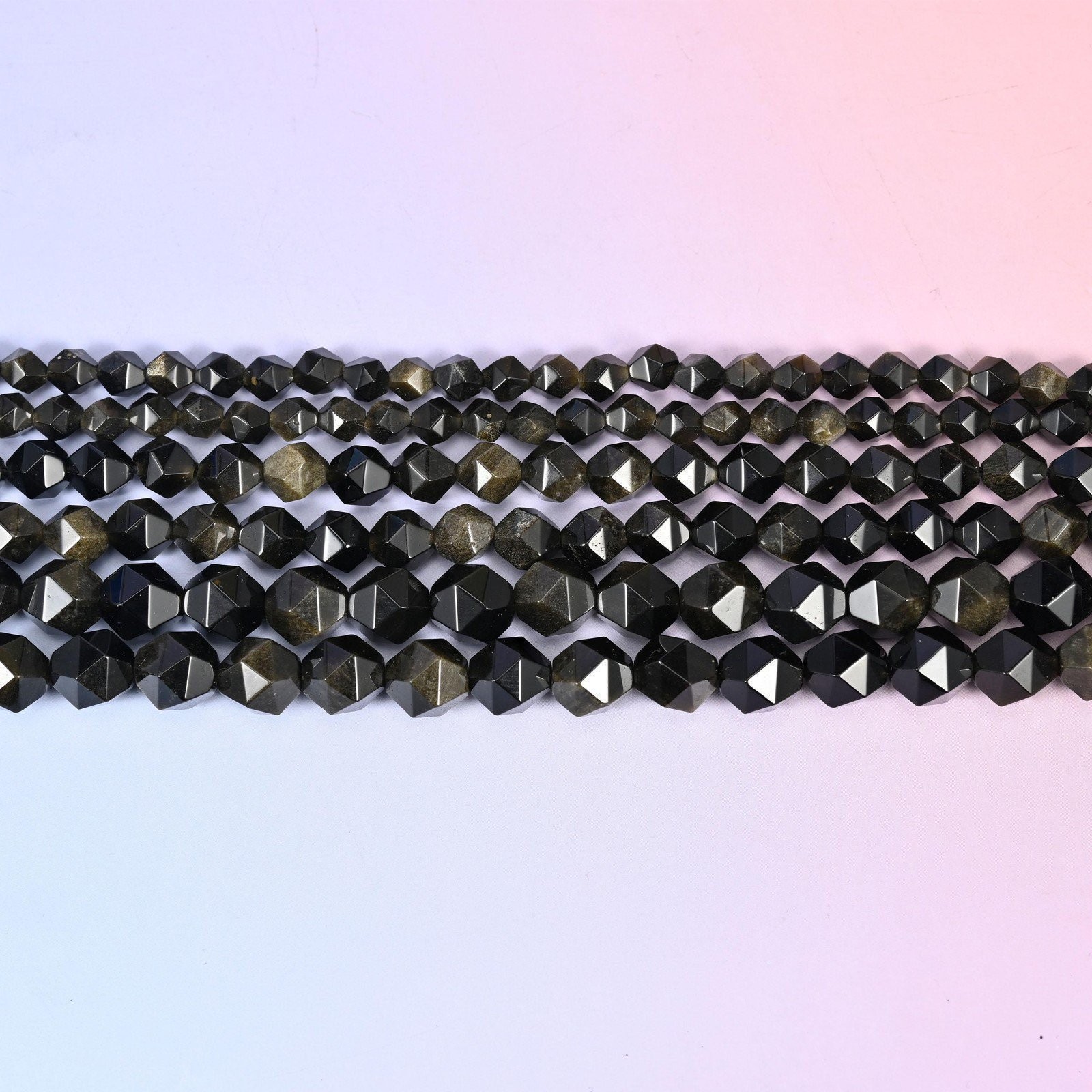 Gold Obsidian Beads: Faceted Diamond Star Cut, 6-10mm, 15.5 inch Strand