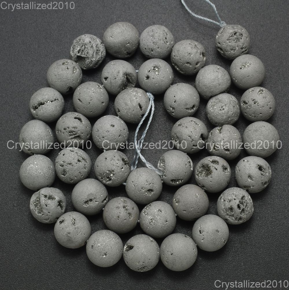 Metallic Titanium Coated Druzy Quartz Agate Gemstones Round Beads 8mm 10mm 15″