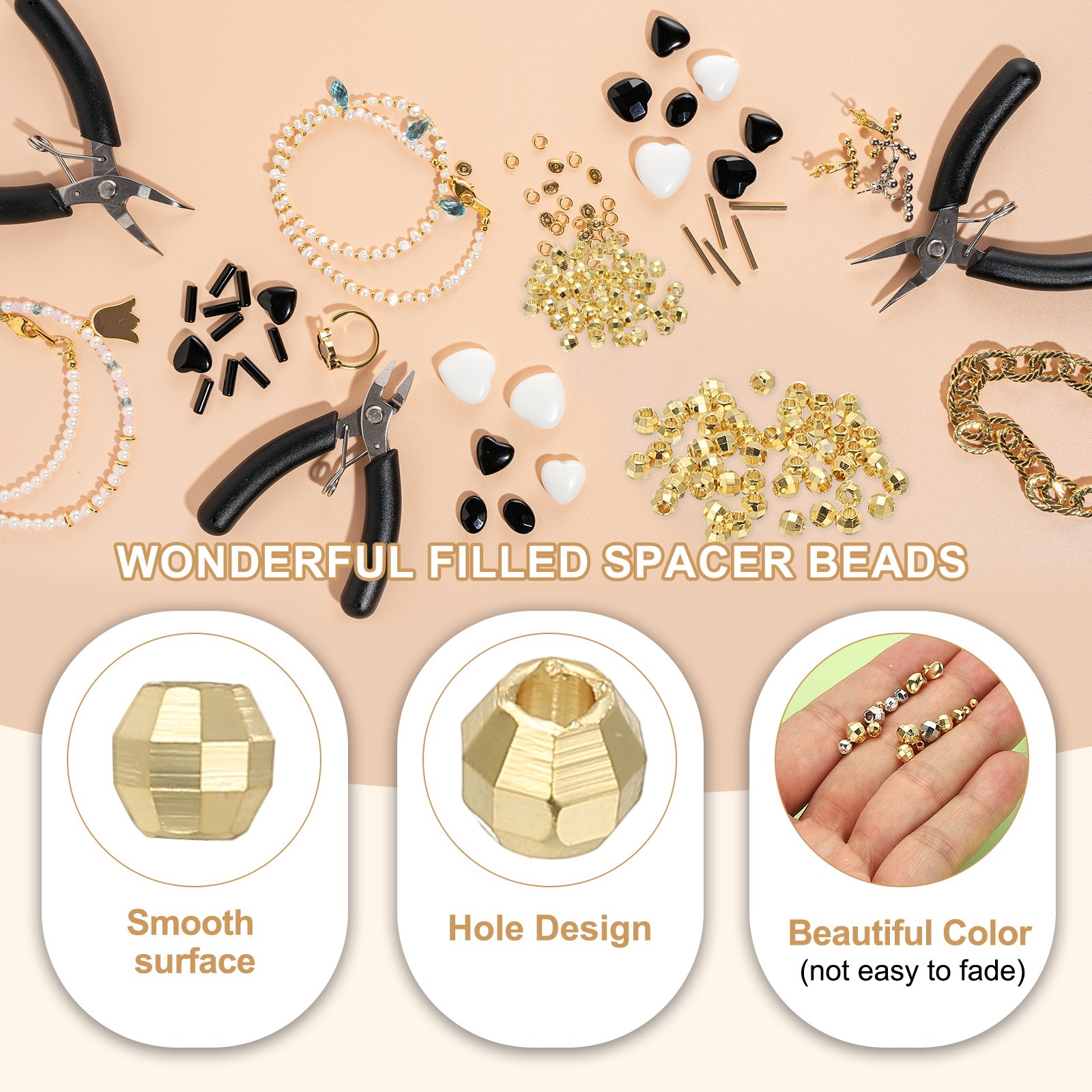 36Pcs 2.5mm Faceted Filled Spacer Beads for Jewelry Making DIY, 14k Gold