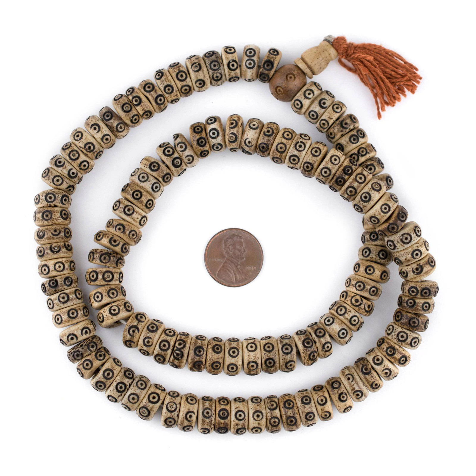 Brown Carved Eye Disk Bone Mala Beads 12mm Nepal Large Hole 22 Inch Strand