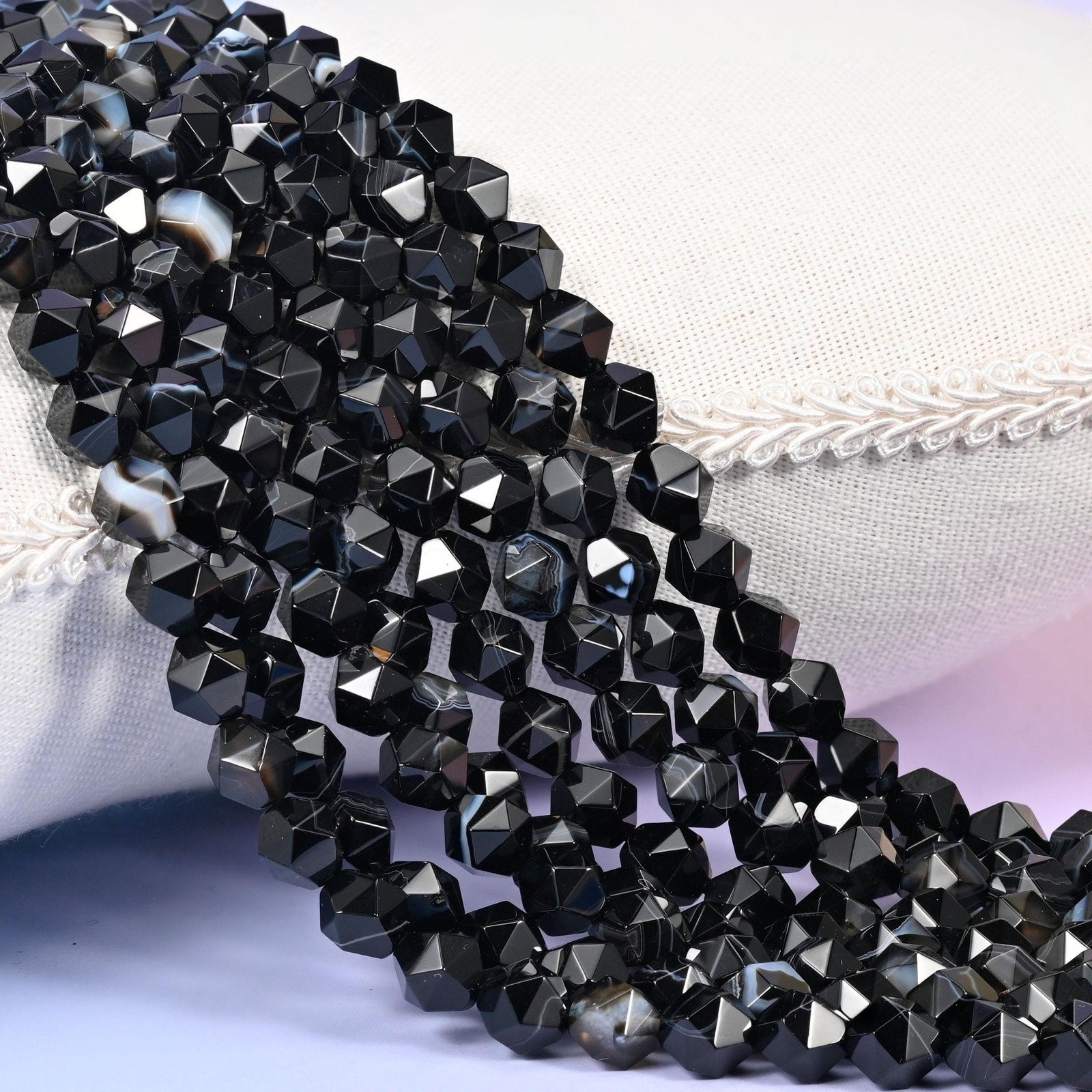 Black Strip Agate Beads: Faceted Diamond Star Cut, 6-10mm, 15.5 inch Strand
