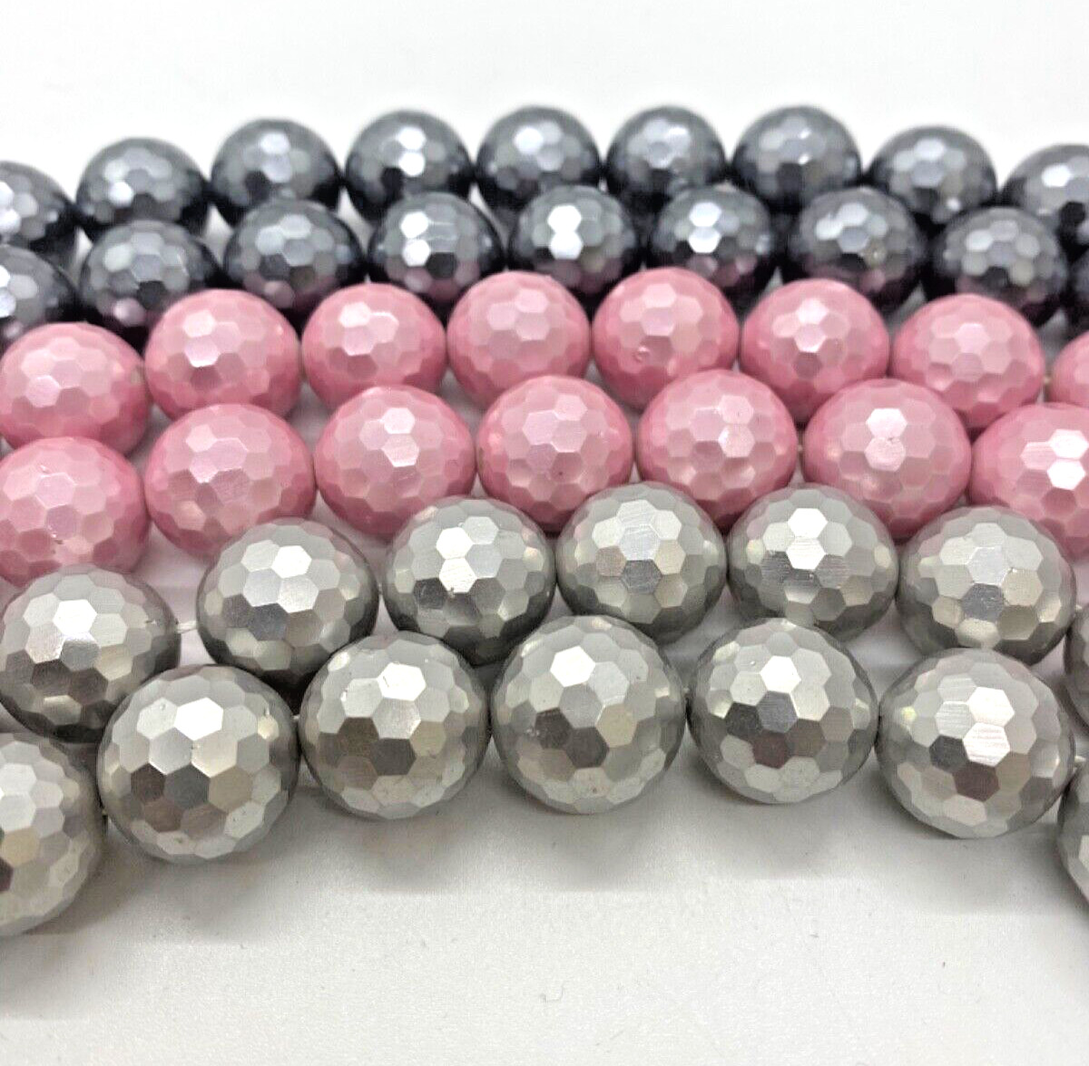 Mother of Pearl Faceted Round 16mm Gray Pink Silver 15.5 in. Strand