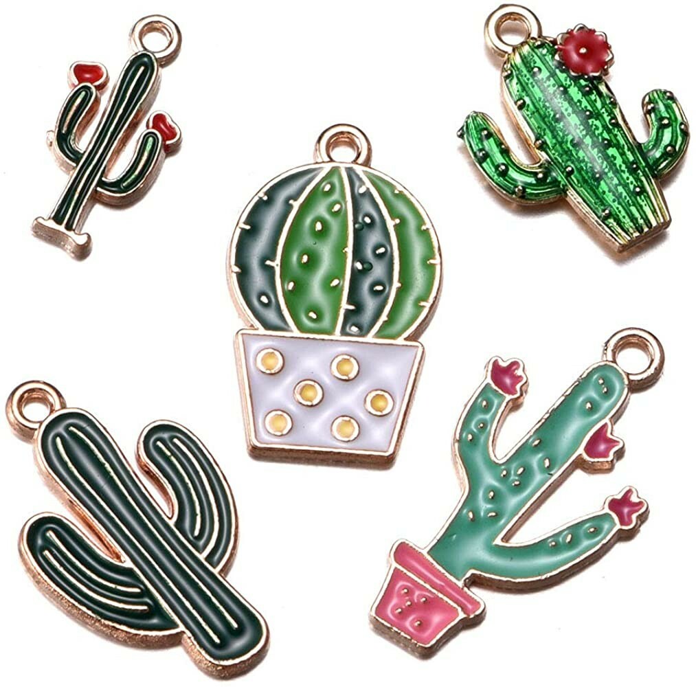 5 Enamel Cactus Charm Gold Tone Southwestern Pendant Assorted Lot Western
