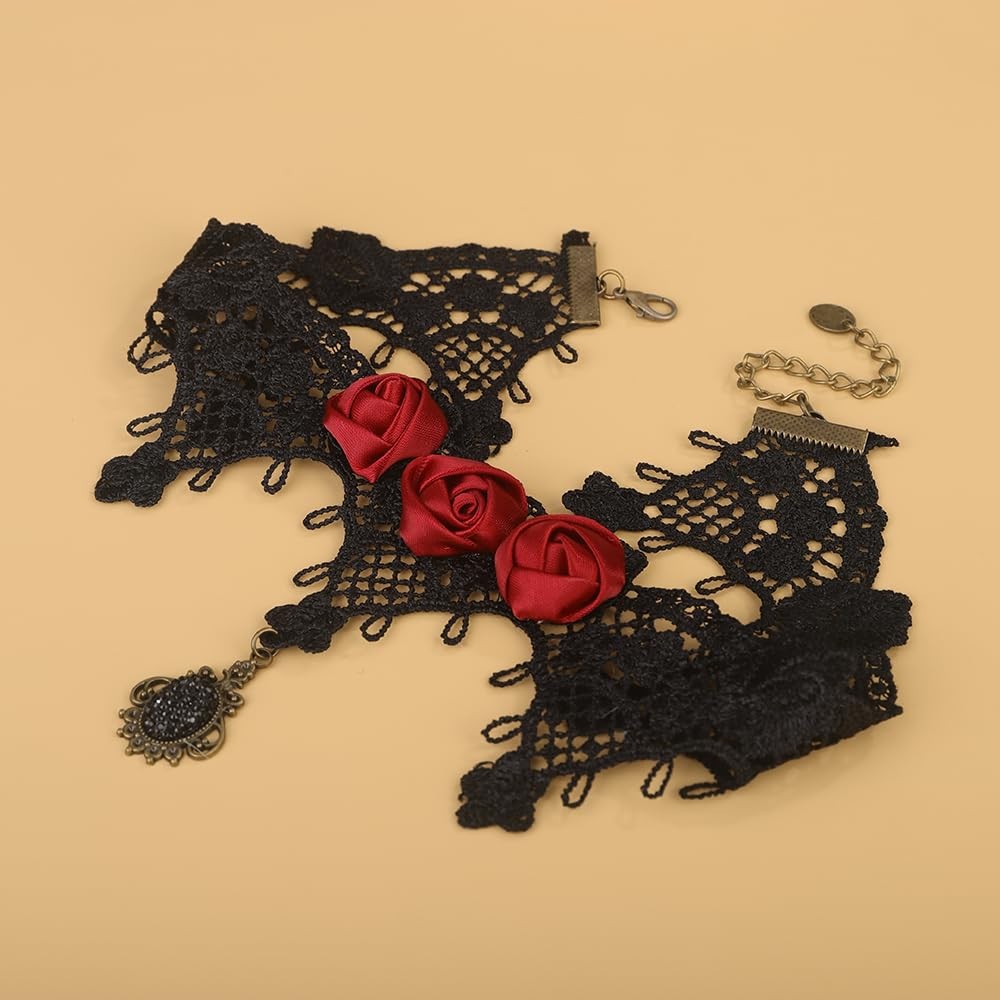 Dainty Vintage Red Flower Halloween Tassels Lace Choker Necklace Black Shinny Cr
