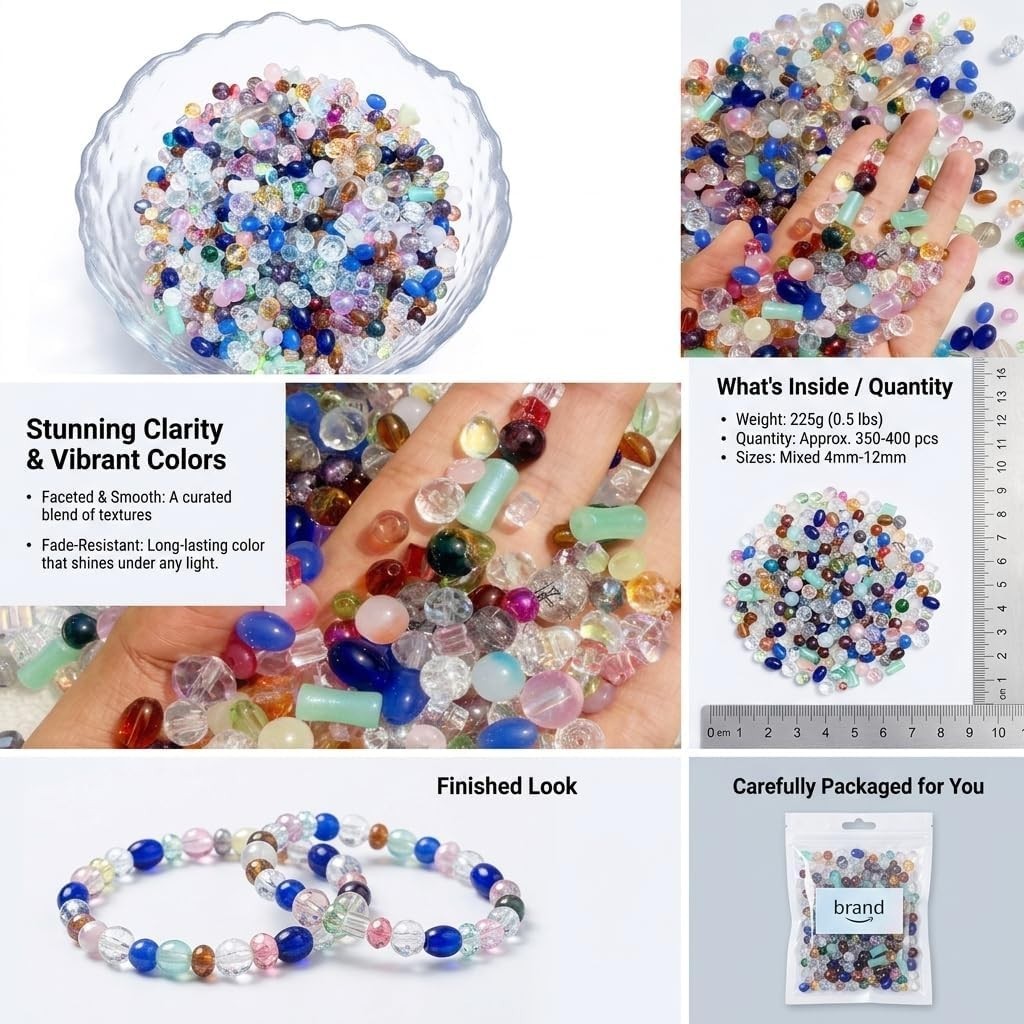 Half Pound Assorted Glass Beads for Jewelry Making, 2-16Mm Colorful Crystal Bead