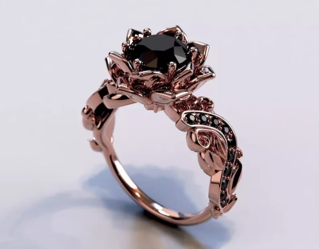Rose Gold Plated Lotus Black Stone Ring Gothic Floral Engagement Ring for Women