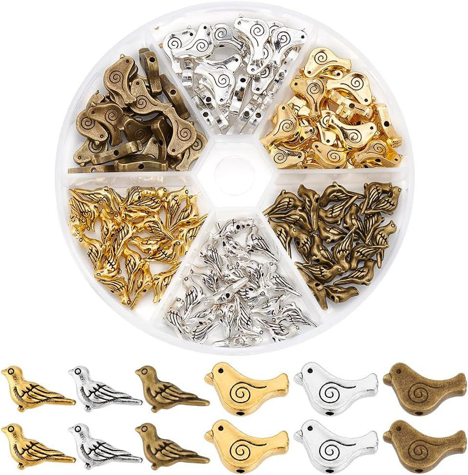 PH Pandahall 120Pcs 6 Styles Bird Spacer Beads, Tibetan Alloy Animal Craft Beads