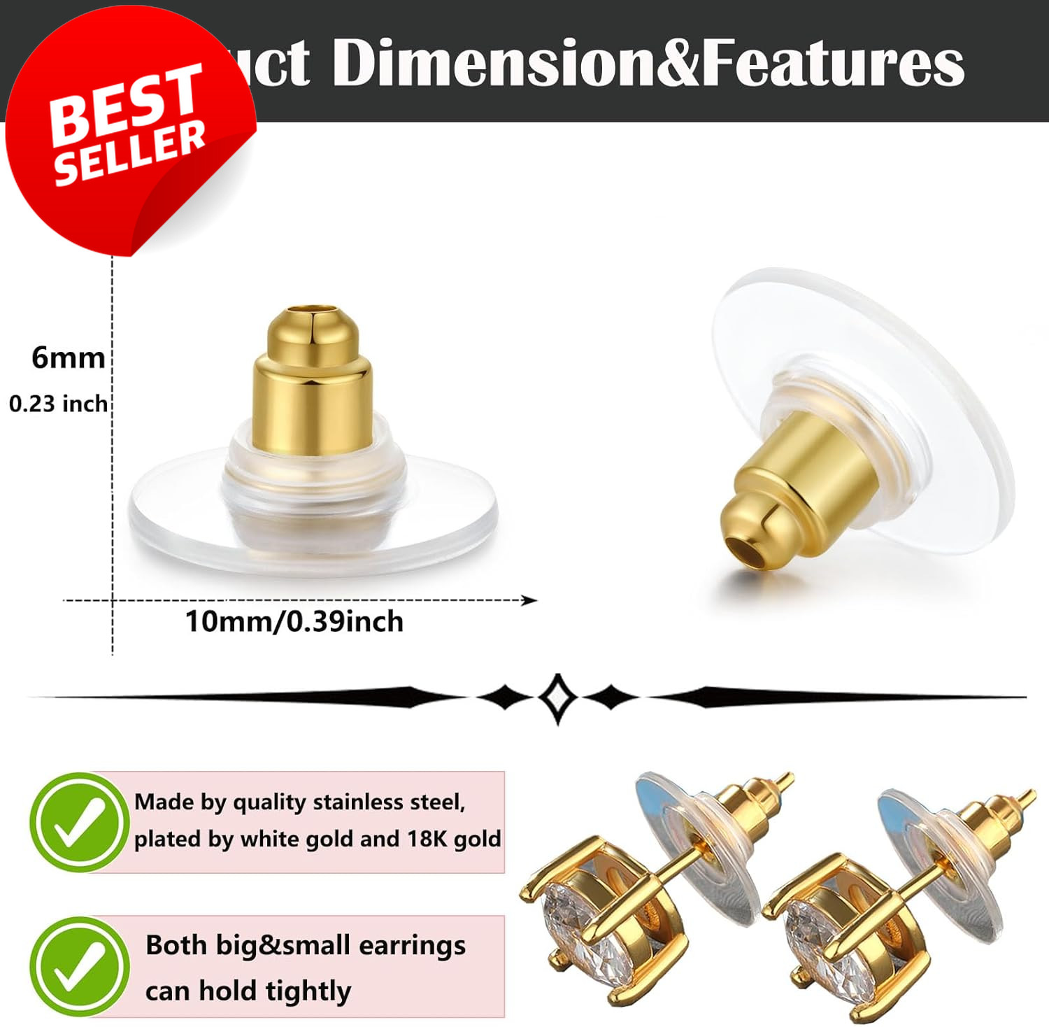 100pcs Gold Fishhook Earring Backs Bullet Clutch for Studs & Hoops – US