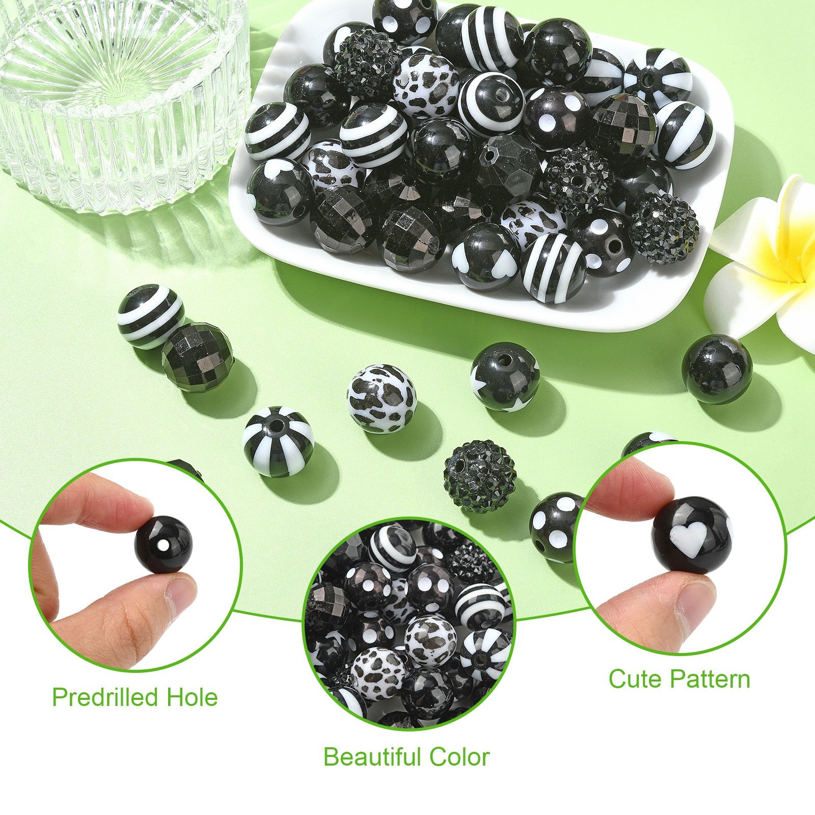 100Pcs Black Theme Opaque Acrylic Beads, 15-16mm Round Acrylic Beads for DIY