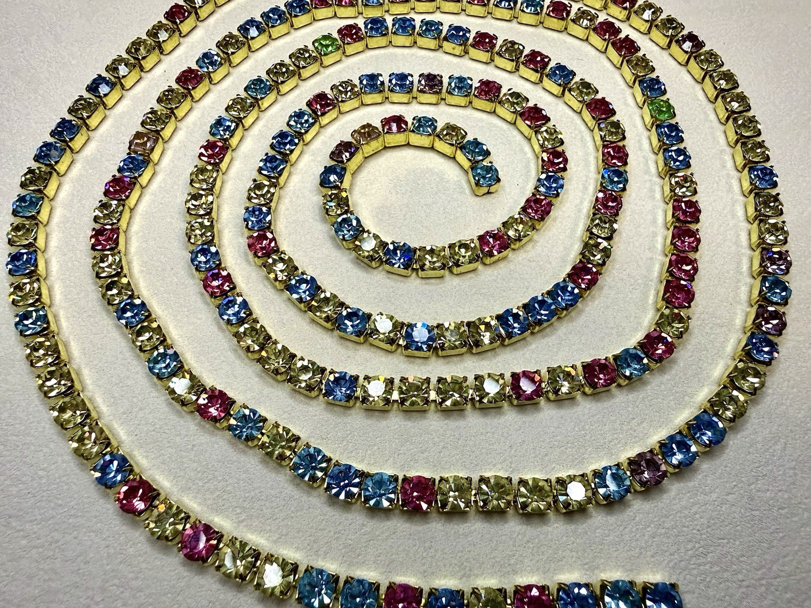 Vintage Swarovski SS34 Rhinestone Chain 60” Multi Color Crystal Brass Linked