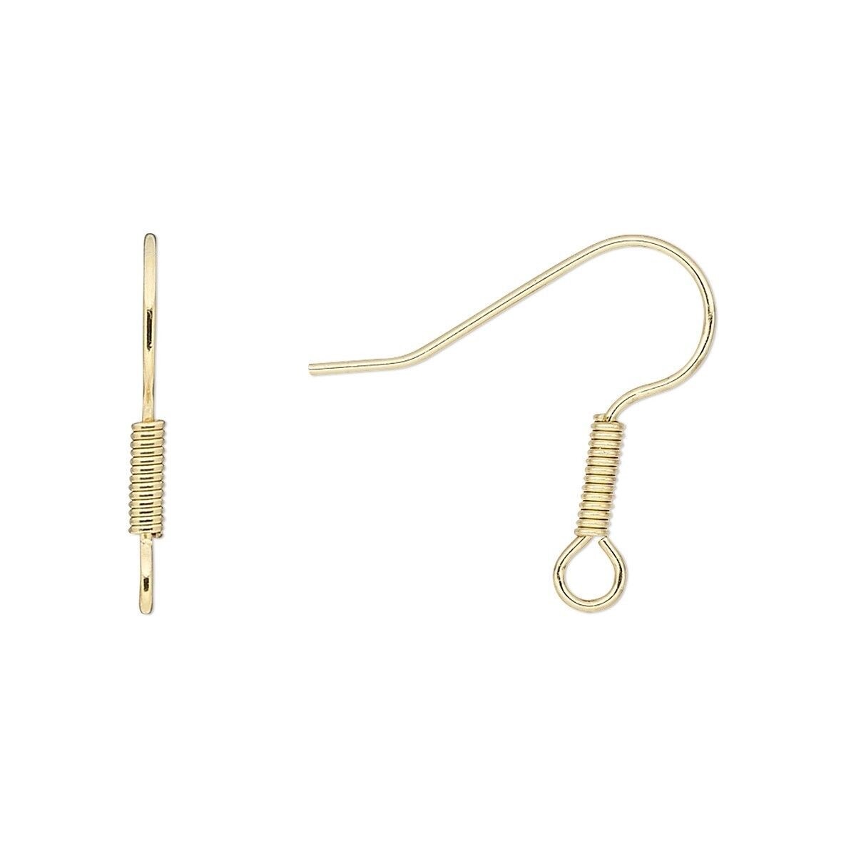 Ear Wire, 50 Gold Plated Stainless Steel 21 Gauge, 6x2mm Coil, 19mm Fishhook