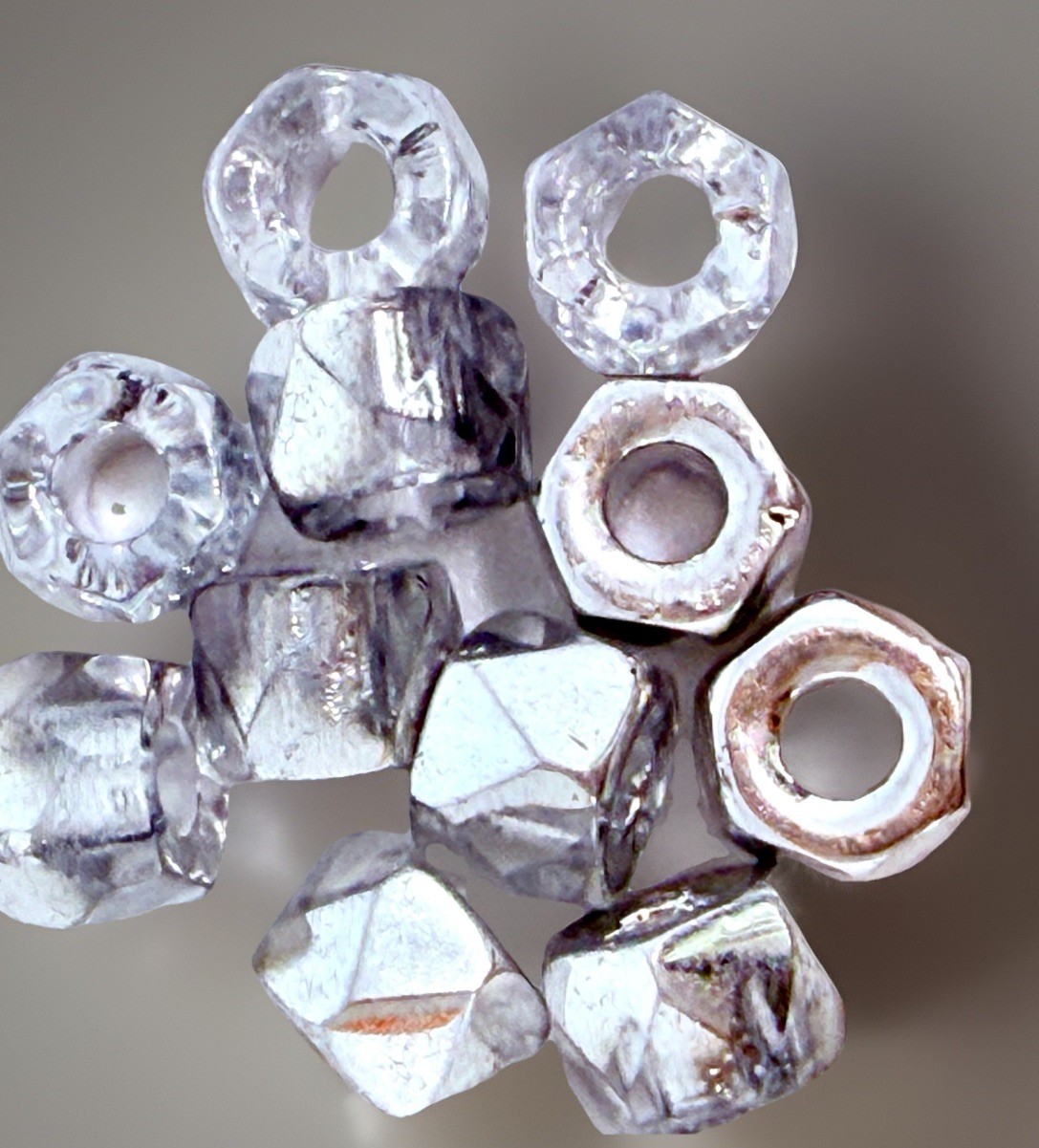 Czech Glass Beads Octogonal 1/2 Silver 1/2 Clear 6mm