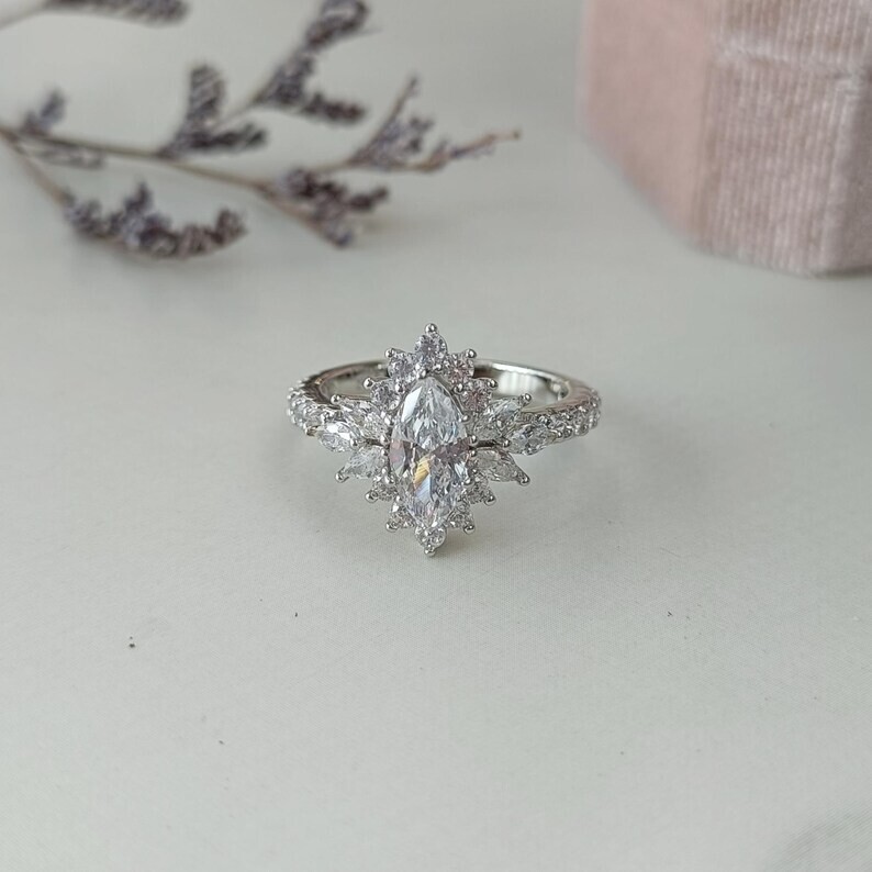 Marquise Cut Halo Engagement Ring – Vintage Style Moissanite Diamond Ring