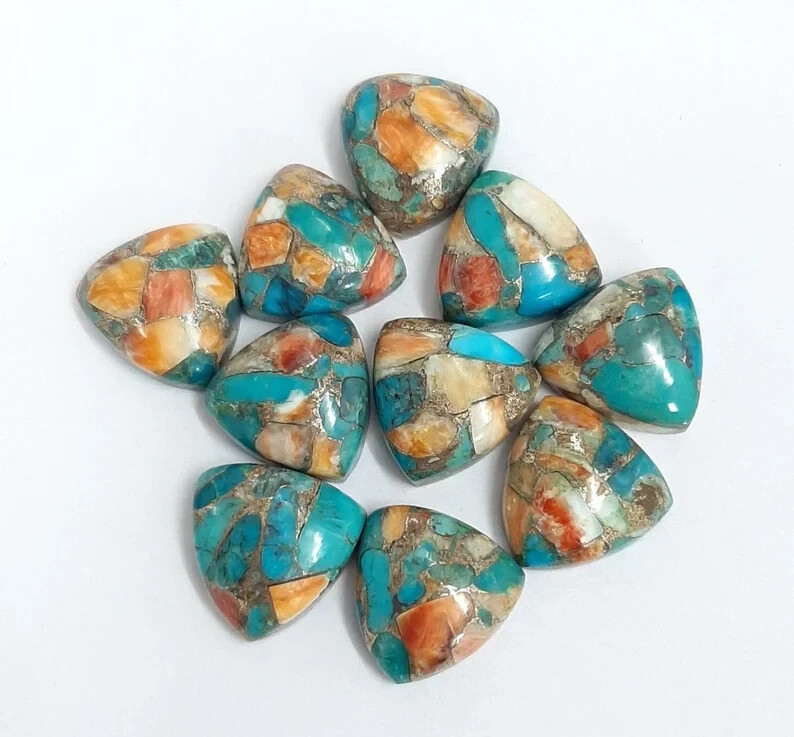 [WHOLESALE] SPINY OYSTER COPPER TURQUOISE CABOCHON TRILLION SHAPE LOOSE GEMSTONE