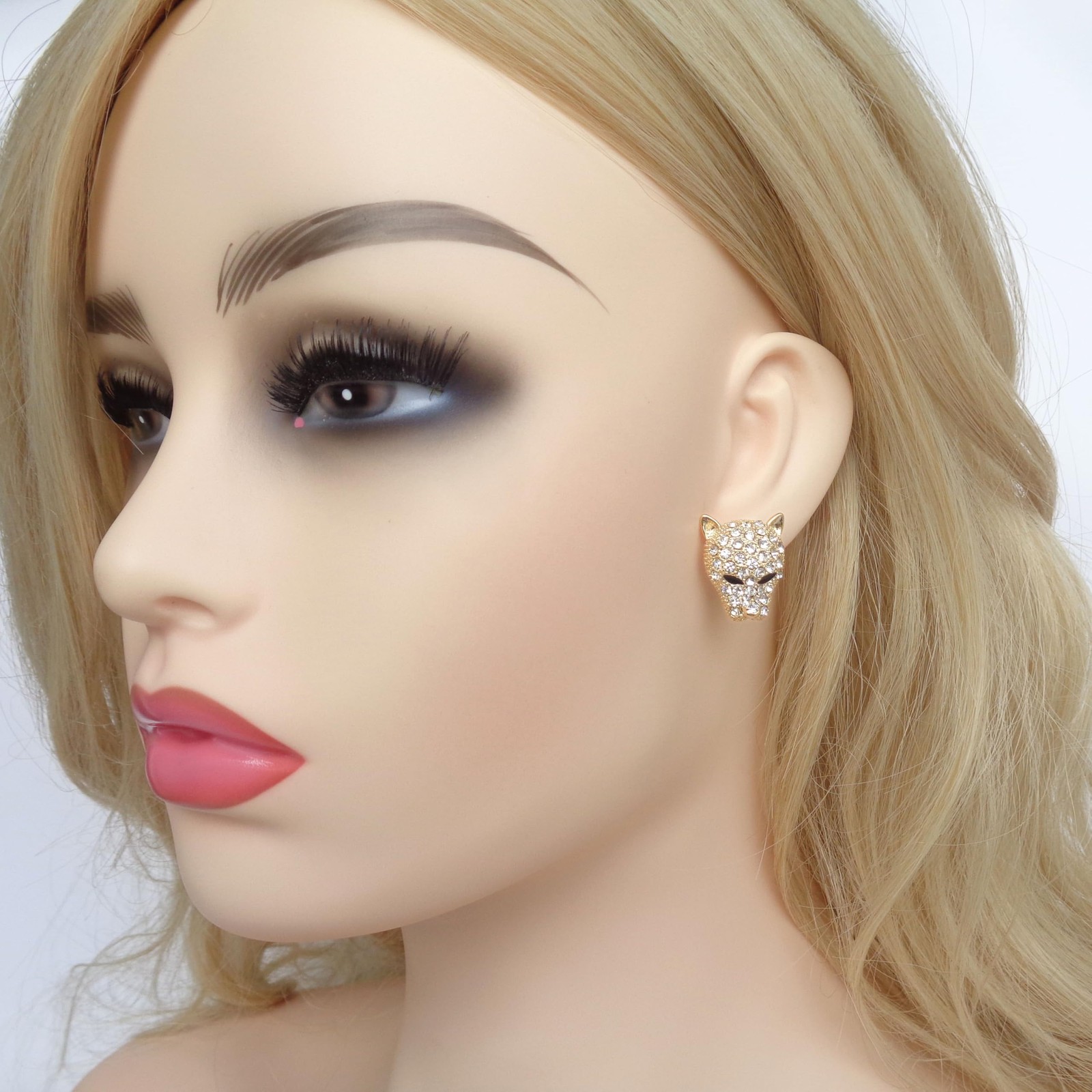 18k Gold Plated Leopard Head White Crystal Az1050s Stud Earrings